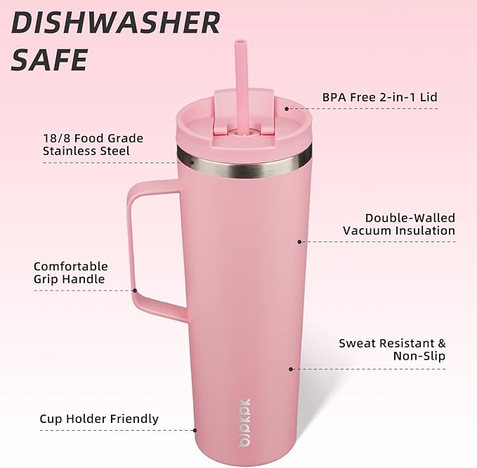 BJPKPK Insulated Tumbler with Handle, 30oz Insulated Tumblers with Lid and Straw, Stainless Steel Metal Water Bottles, Coffee Travel Mugs, Cups, Light Pink