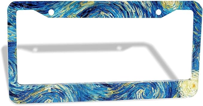 Starry Night License Plate Frame - 1 Pack Personalized Aluminum Car License Plate Cover Art Oil Painting License Plate Holder Universal US-Canada 2 Hole Auto Car Tag for Women/Men
