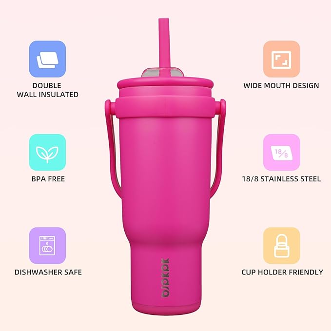 BJPKPK 40 OZ Insulated Travel Tumbler with Handle and Straw, Stainless Steel Water Bottle, Double Wall Vacuum Insulated Mug, for Work, Car, Travel, Rose Red