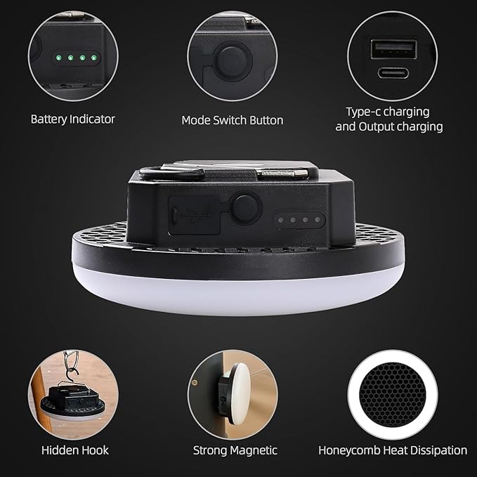 10000mAh Rechargeable Tent Light 3 Lighting Modes, 4000LM LED Portable Camping Lantern, IPX5 Waterproof, 30W Hanging Tent Light with Magnet, for Emergency & Gift