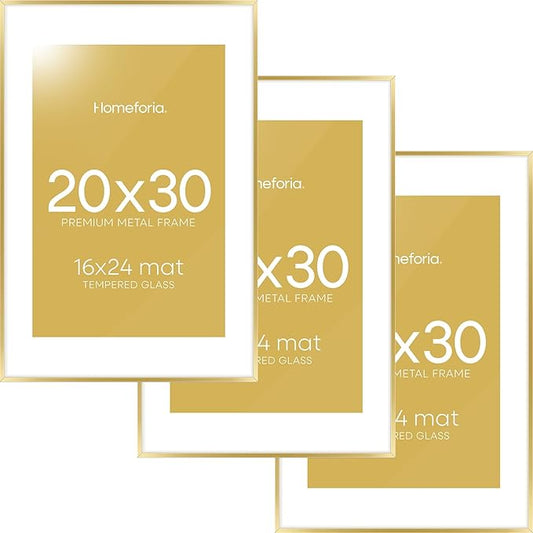 Homeforia 20x30 Poster Frame Gold, High End Metal 20 x 30 Picture Frames with Mat 16 by 24 Photo, 20x30 Gold Frame Matted to 16x24 Print, 30x20 Large Hanging Frames, Tempered Glass, Wall Kit, Set of 3