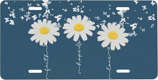 Front License Plate Faith Hope Love Vanity Plates Aluminum Metal Decorative Car Tag Daisy Novelty License Plate Cover for Men Women 6 * 12 in (4 Holes)