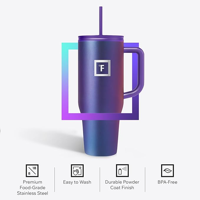 IRON °FLASK Co-Pilot Insulated Mug w/Straw & Flip Cap Lids - Cup Holder Bottle for Hot, Cold Drink - Leak-Proof - Water, Coffee Portable Travel Mug - Rose Gold, 40 Oz