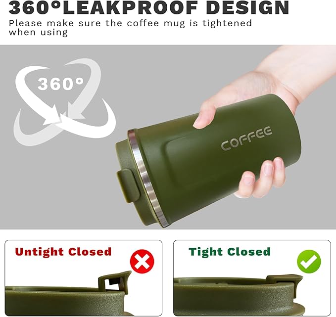 YINBAOGE Insulated Travel Coffee Mug, Spill & Leak Proof, Portable To Go Camping Stainless Steel Coffee Tumbler, Reusable Thermal Coffee Cup with Lid for Hot & Cold Drinks (2nd-Green, 17 OZ)