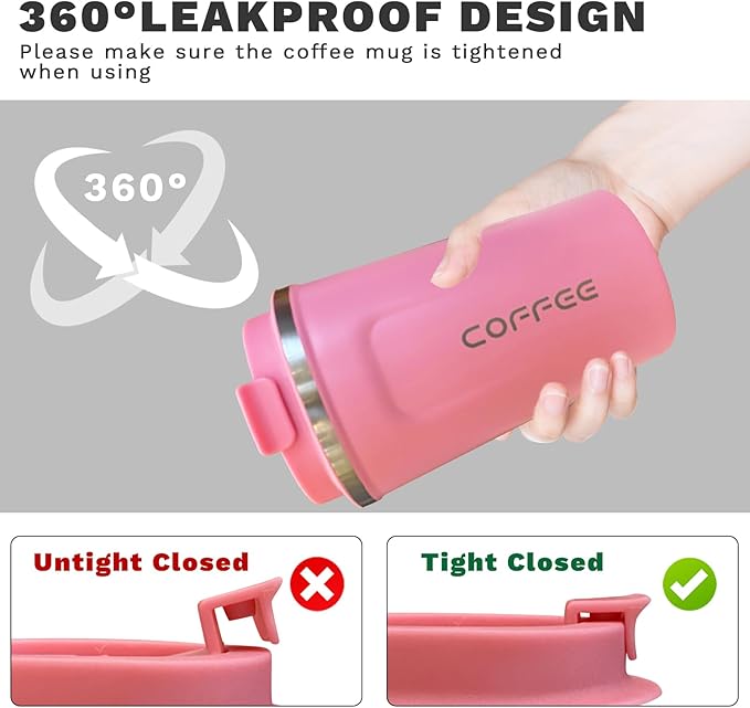 YINBAOGE Insulated Travel Coffee Mug, Spill & Leak Proof, Portable To Go Camping Stainless Steel Coffee Tumbler, Reusable Thermal Coffee Cup with Lid for Hot & Cold Drinks (2nd-Pink, 12 OZ)