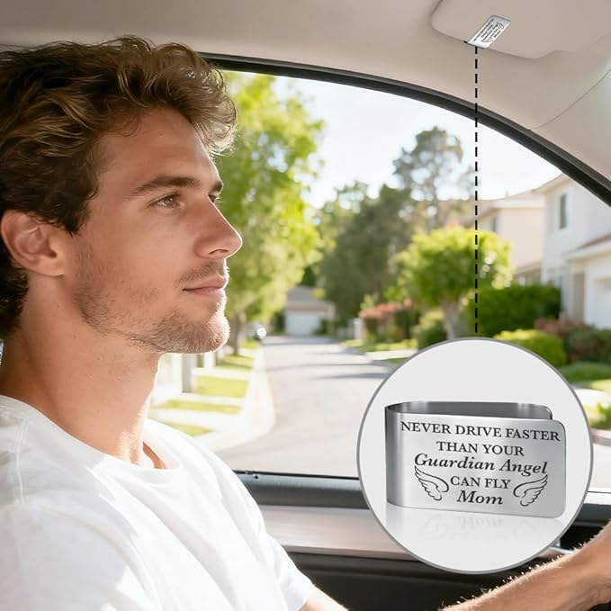 Never Drive Faster Than Your Guardian Angel Can Fly Mom Engraved Stainless Steel Car Visor Clip, Inspirational Guardian Angel Safe Driving Gifts for Son Daughter, Drive Safe Reminder Gifts