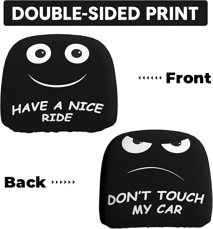 Funny Car Headrest Covers 2 Pack – Double-Sided with Smile “Have A Nice Ride” & Angry “Don’t Touch My Car” Faces – Universal Fit Seat Headrest Protector for Cars, SUVs, Trucks