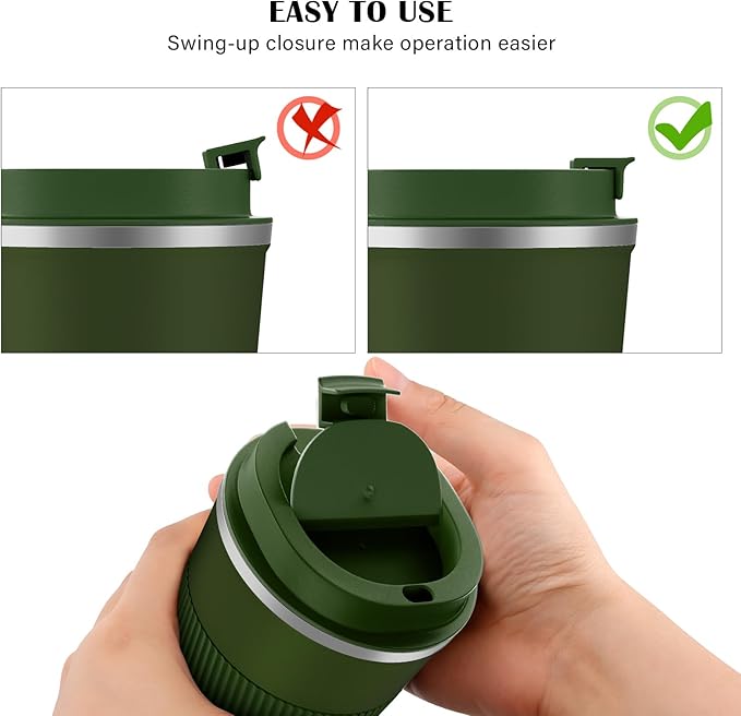 MOMSIV 12oz Travel Mug, Insulated Coffee Cup with Leakproof Lid, Vacuum Stainless Steel Double Walled Reusable Tumbler for Hot and Cold Water Coffee and Tea In Travel and Car Armygreen 380ML