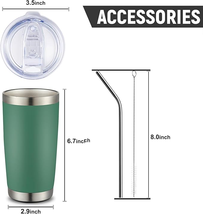 COMOOO 20oz Tumbler Bulk Double Wall Vacuum Insulated Travel Mug, Stainless Steel Tumbler with Lid and Straw Durable Powder Coated Insulated Coffee Cup for Cold & Hot Drinks (Dark Green, 2 pack