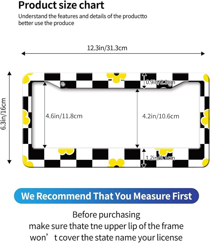 MIOAOSRT Daisy Flower with Check Plaid License Plate Frame White Black Doodle License Plate Cover Car Tag Holder Metal License Plate Frame Fits Standard U.S.Vehicles 12x6 Inch