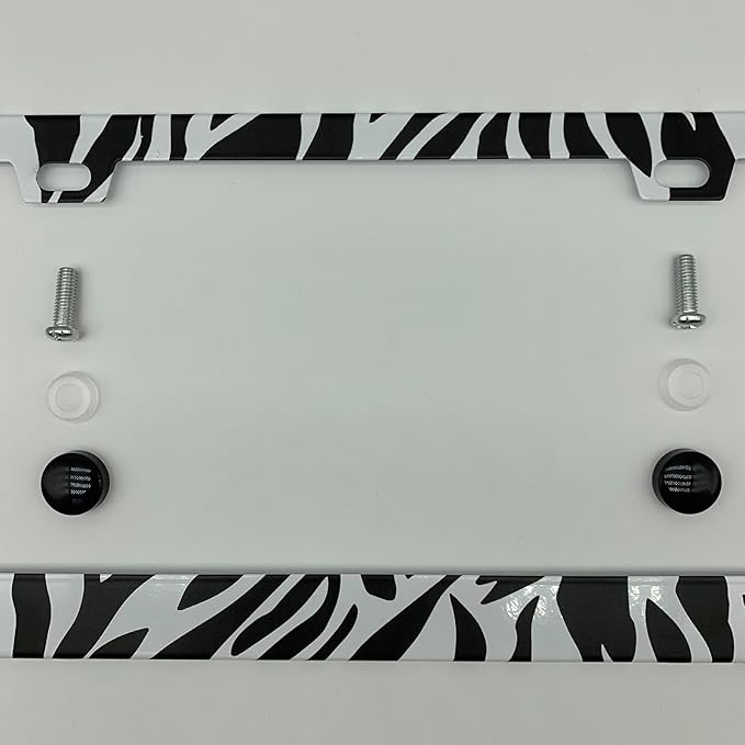 Zebra Print Black White License Plate Frame Cover, Matte White Powder Coated Stainless Steel, Animal Print Auto Car Tag Frame with 2 Holes & Free Screws