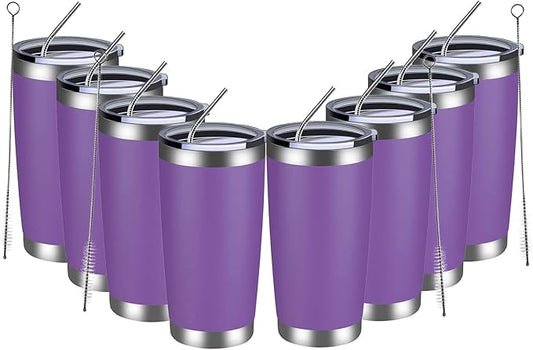 MEWAY 20oz Tumbler 8 Pack Double Wall Vacuum Insulated Travel Mug Bulk, Stainless Steel Tumblers with Lid and Straw, Durable Powder Coated Coffee Cups for Cold & Hot Drinks (Purple, 8)