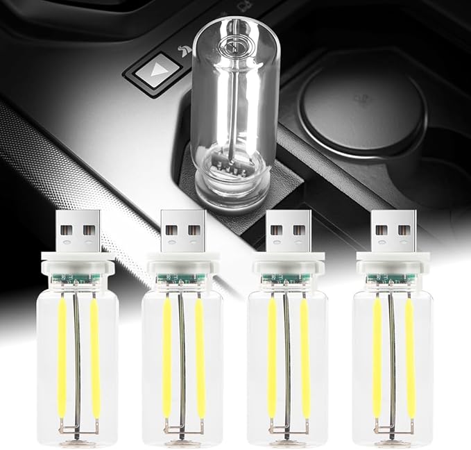 4Pcs Car USB Night Light, Touch Adjustment LED Ambient Lighting Plug in USB Automotive Night Lamps, Mini LED Bulb for Car, Camping, Holiday, Decoration, Bedroom, Party(White)