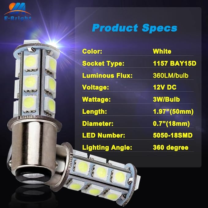 YM E-Bright 1157 Led Bulb BAY15D 1034 2057 7528 2357 Light Bulb for RV Camper SUV MPV Car Brake Tail Light Side Marker 8SMD 5050Chips 12V White (Pack of 4)