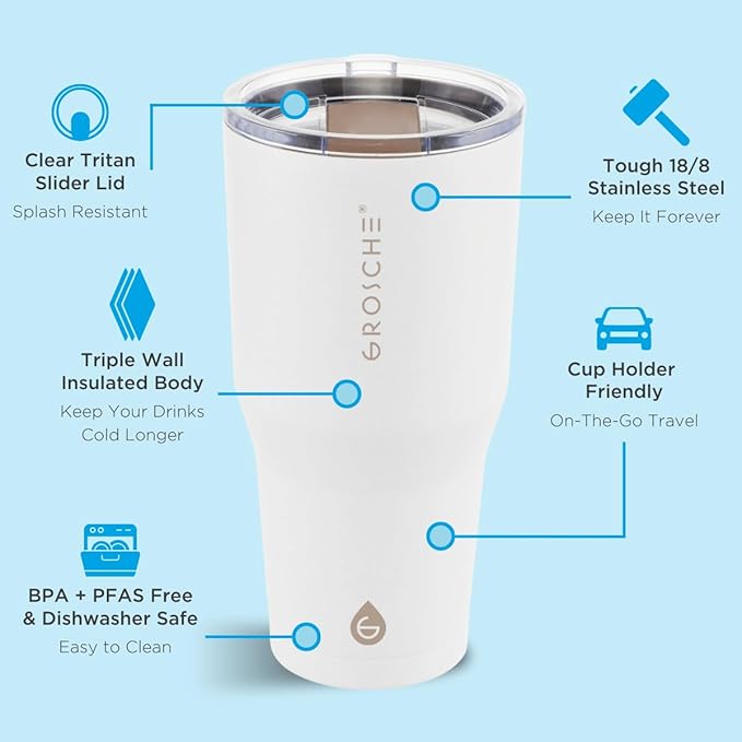 GROSCHE Yukon 30 oz Insulated Coffee Mug with Lid - Durable Travel Mug, Stainless Steel Tumblers, Vacuum Insulated Coffee Tumbler for Hot or Cold Beverages - CREAM WHITE