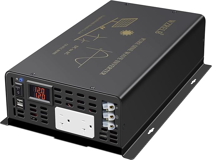3000Watt Pure Sine Wave Power Inverter 12VDC to 120VAC 6000W Peak Built-in Soft Starter Dual AC Outlets 2× 2.4A USB Port &Hardwire Terminal Off-Grid Solar Converter RV Trucks (U5-300012)