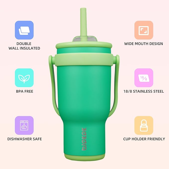 BJPKPK 30 OZ Insulated Travel Tumbler with Handle and Straw, Stainless Steel Water Bottle, Double Wall Vacuum Insulated Mug, for Work, Car, Travel, Olive Green