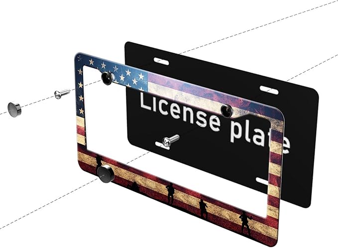 MIOAOSRT Soldiers on USA Flag License Plate Frame American Army License Plate Cover Car Tag Holder Metal License Plate Frame Fits Standard U.S.Vehicles 12x6 Inch