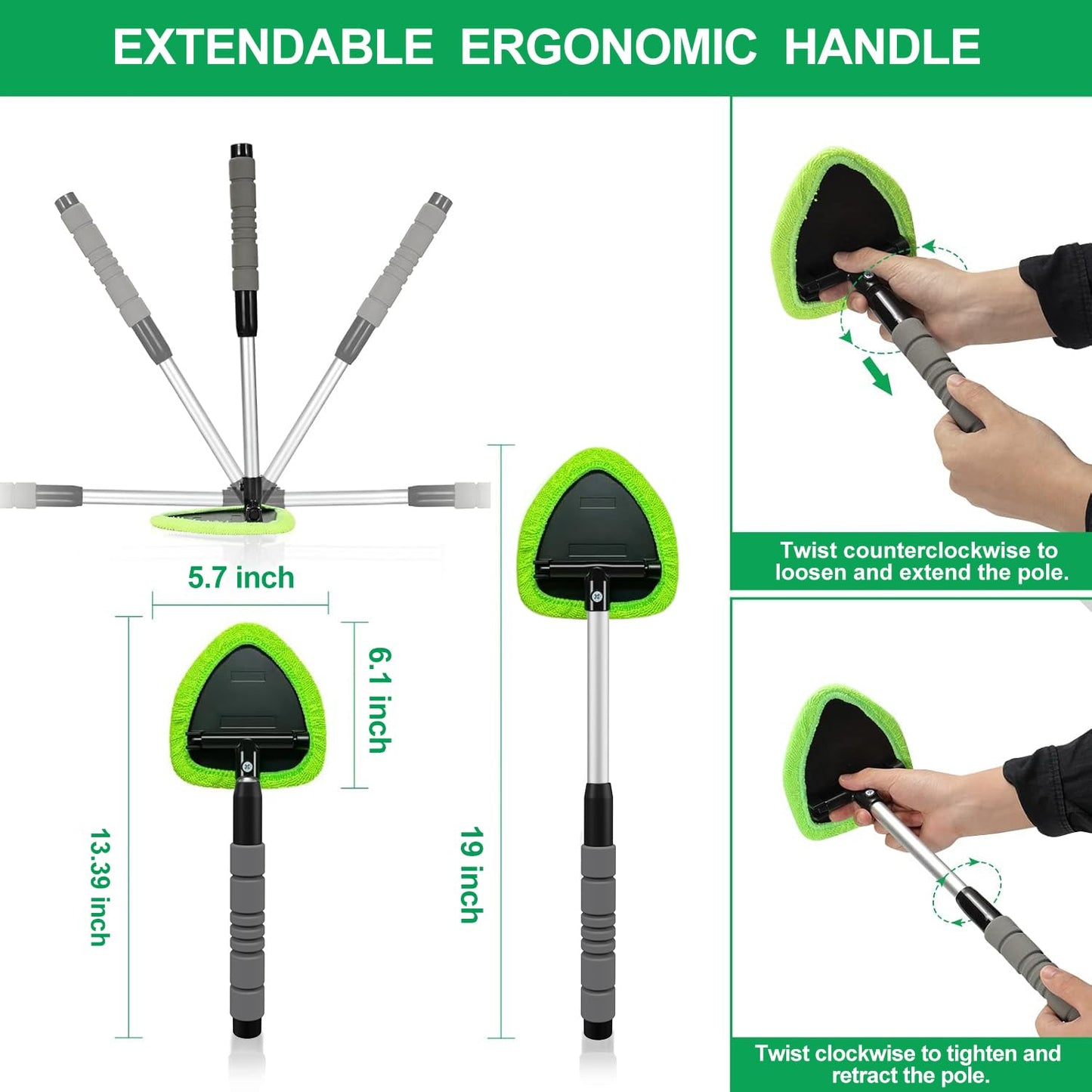 XINDELL Windshield Cleaner Tool – Car Interior Window Cleaning Kit with Extendable Handle & 4 Microfiber Pads, Auto Washing Brush for Car, Trucks, SUVs, RVs & Home Windows