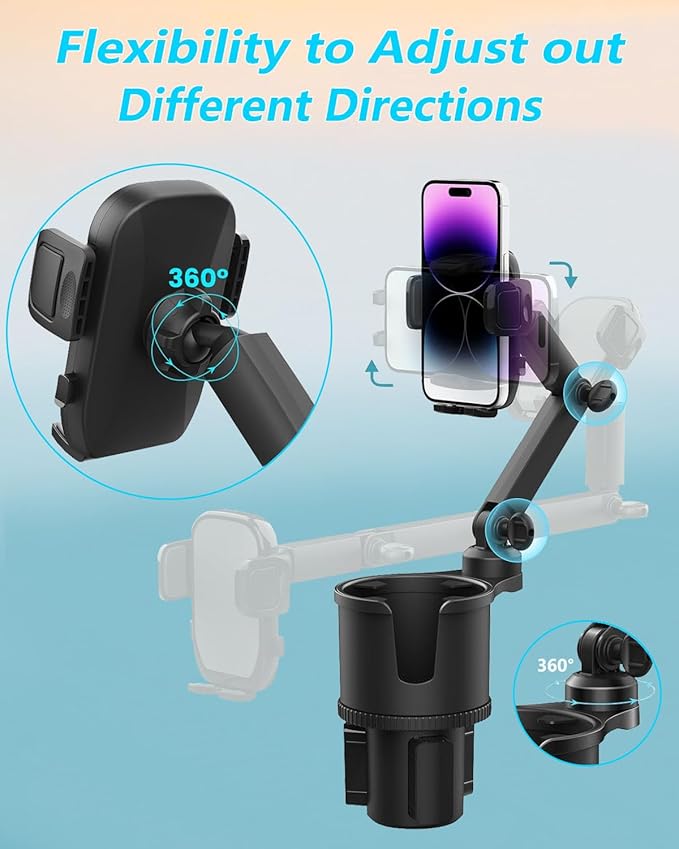 Cup Phone Holder for Car with Expandable Base, 2 in 1 Adjustable Hands Free Cell Phone Holders Car Cupholder Mount, Friendly Fit Large Bottle & iPhone All Cellphone for Truck SUV | No Shake Design