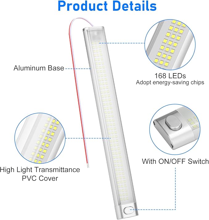 Linkstyle 2PCS 12V Interior LED Light Bar, 168 LEDs 6000K Lights Strip with ON/Off Switch, Interior Lighting Lamp for Car RVs Trucks Boats