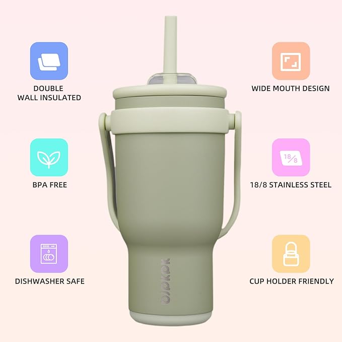 BJPKPK 30 OZ Insulated Travel Tumbler with Handle and Straw, Stainless Steel Water Bottle, Double Wall Vacuum Insulated Mug, for Work, Car, Travel, Forest Green
