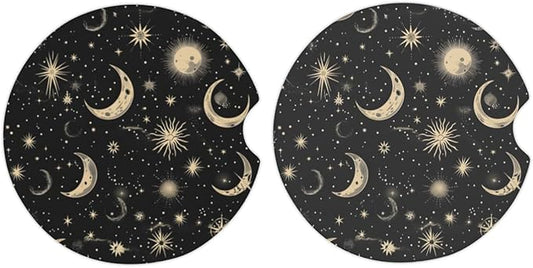 Cup Holder Coaster for Car, 2 Pack Car Coasters for Cup Holders, Moon & Stars Cork Base Car Cup Coasters for Drinks, Universal Funny Aesthetic Car Accessories for Women Men, Table Coaster Home Decor