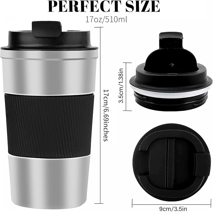 YINBAOGE Insulated Travel Coffee Mug, Spill & Leak Proof, Portable To Go Camping Stainless Steel Coffee Tumbler, Reusable Thermal Coffee Cup with Lid for Hot & Cold Drinks (Silver black, 17 OZ)