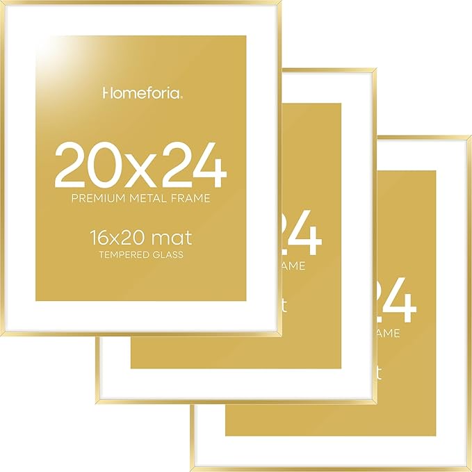 Homeforia 20x24 Picture Frame Gold, High End Metal 24x20 Frames for Wall, 20x24 Gold Frame Matted to 16x20 Print, 20 x 24 Poster Large Frame with Mat 16 by 20 Photo, Tempered Glass, Wall Kit, Set of 3