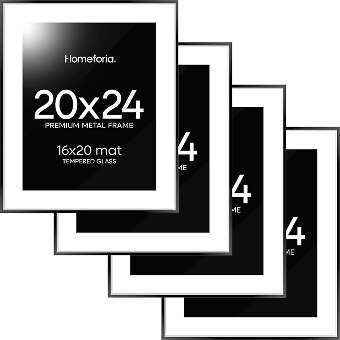 Homeforia 20x24 Picture Frame Black, High End Metal 20x24 Frame Matted to 16x20 Print, 20 x 24 Black Poster Frames with Mat 16 by 20 inch Photo, 24x20 Hanging Frame, Tempered Glass, Wall Kit, Set of 4