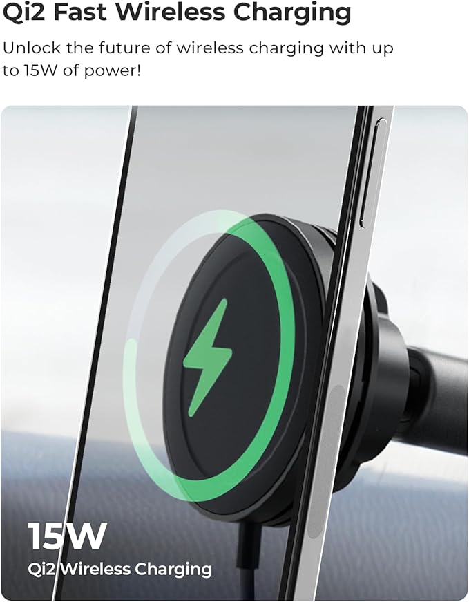 iOttie Velox Qi2 Mini 15W Wireless Charger Car Mount - Dash & Windshield Car Phone Holder - MagSafe Compatible iPhone Mount for Qi2 Smartphones (iPhone 12, 13, 14, 15, and 16) - Car Charger Included