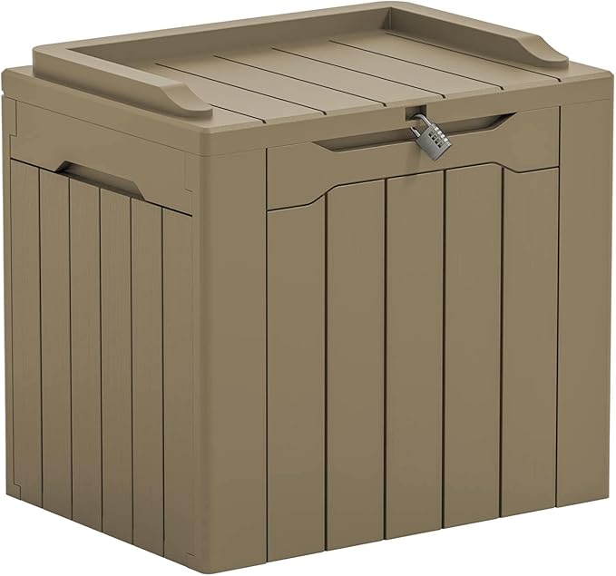 Greesum 31 Gallon Resin Deck Box Large Outdoor Storage for Patio Furniture, Garden Tools, Pool Supplies, Weatherproof and UV Resistant, Lockable, Light Coffee