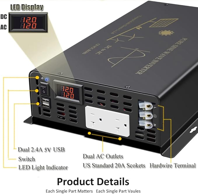 3000Watt Pure Sine Wave Power Inverter 12VDC to 120VAC 6000W Peak Built-in Soft Starter Dual AC Outlets 2× 2.4A USB Port &Hardwire Terminal Off-Grid Solar Converter RV Trucks (U5-300012)