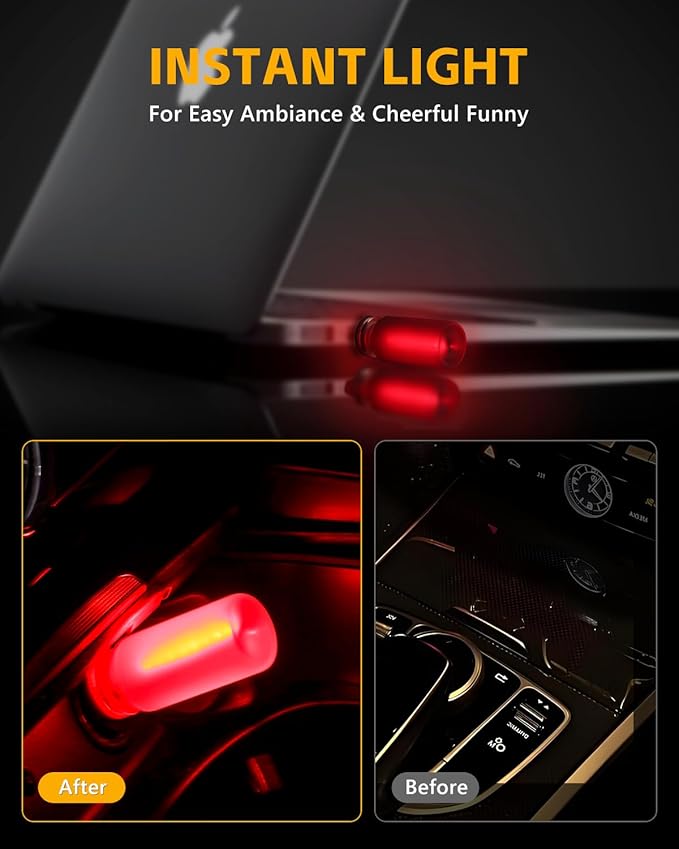 2PCS USB Lights for Car, Retro LED Car Interior Lamp Ambient Lighting, Universal USB Plug Lights for Cars, bedrooms, Camping, Parties, Frosted Glass Bottle Decorative Night Light, Red Light