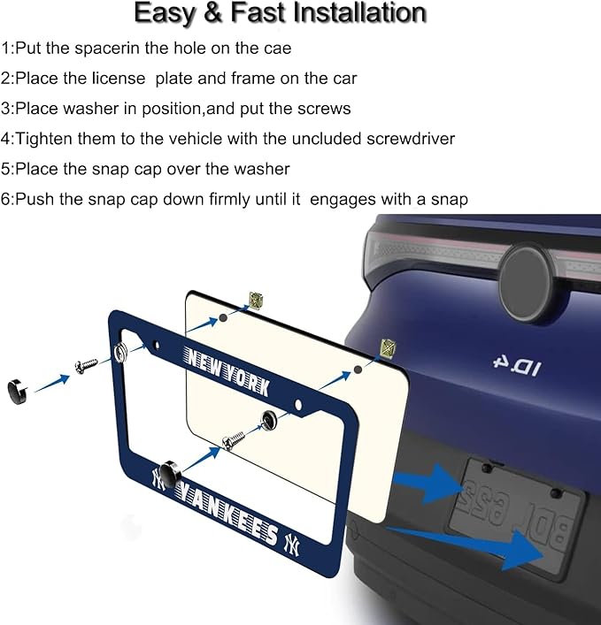 2 Pack Blue Yankees Design License Plate Frame Durable New York Baseball Team Decorative Stainless Steel Car License Plate Cover for Men Women Boys Girls Fans 12 X 6 Inch