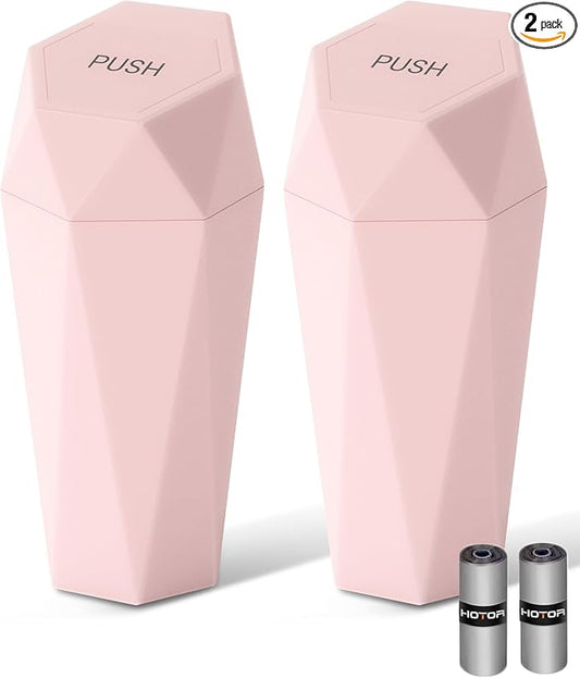 HOTOR Car Trash Can with Lid - 2 Pack, Car Accessories for Interior, Leakproof Vehicle Garbage Can with 30 Attached Trash Bags, Multipurpose Organizers and Storage for Home, Office, Pink