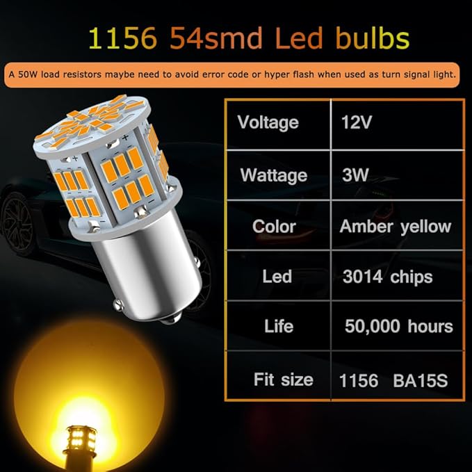 1156 Bulb Amber Yellow, 1141 1003 BA15S Led, 12V-24V 54-SMD 3014 Chips LED Bulbs for RV Camper Trailer Trunk Vehicle Interior Lights Tail Backup Reverse Lights Parking Lights 4pcs