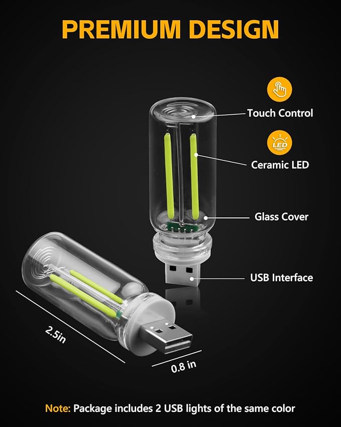 2PCS USB Car Lights, Touch Adjustment Lights, Plug in USB Vehicle Interior Ambient Light, Mini LED Retro Bulb Clear Glass Night Light for Car, Camping, Holiday Decoration, Party, Bedroom (Green)