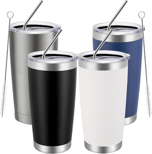 MEWAY 20oz Tumbler 4 Pack Double Wall Vacuum Insulated Travel Mug Bulk, Mix Color Stainless Steel Tumblers with Lid and Straw, Durable Powder Coated Coffee Cups for Cold & Hot Drinks(Mix Color, 4