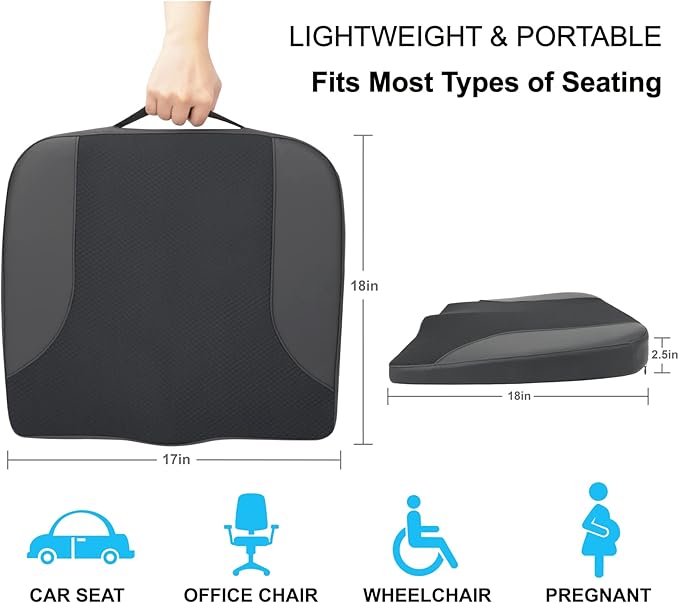 Car Seat Cushion, Car Seat Cushions for Driving with Comfort Memory Foam - Sciatica & Back Pain Relief, Suitable for Car, Truck, Office Chair (Black)