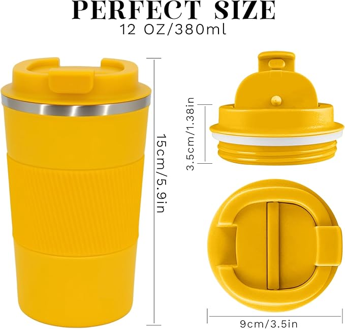 YINBAOGE Insulated Travel Coffee Mug, Spill & Leak Proof, Portable To Go Camping Stainless Steel Coffee Tumbler, Reusable Thermal Coffee Cup with Lid for Hot & Cold Drinks (Yellow, 12 OZ)