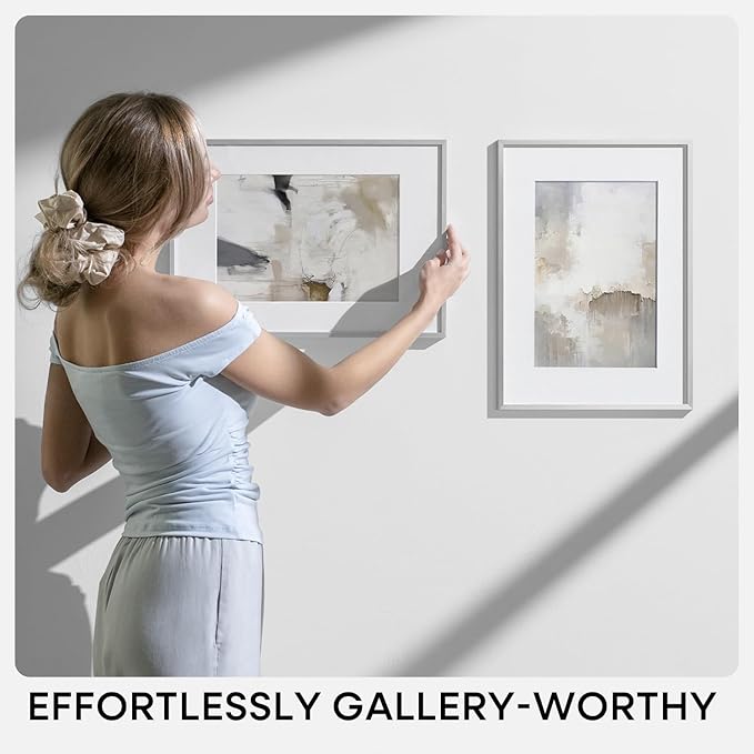 Homeforia 8.5x11 Picture Frame Silver, High End Metal 8.5 x 11 Poster Frames with Mat 6 by 8 Photo, 11x8.5 Frame Matted to 6x8 Print, 8.5by11 Wall or Tabletop Frame, Tempered Glass, Wall Kit, Set of 2