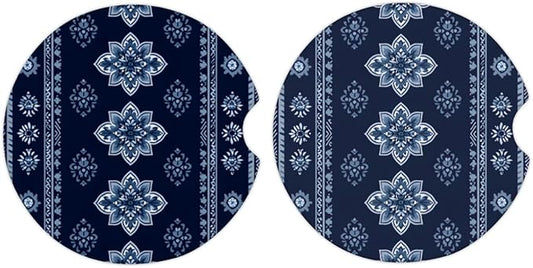 Cup Holder Coasters, 2 Pack Cork Base Car Cup Coasters for Drinks, Universal Funny Aesthetic Car Accessories, Table Coaster Home Decor (Tribal-floral Vintage Blue)