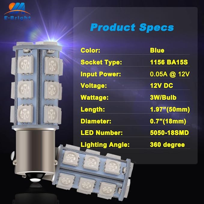 YM E-Bright Blue 1156 BA15S Led Bulb,1141 1073 7506 Base LED Replacement For RV Camper SUV MPV Car Turn Signal Bulb Tail/Corner light Backup Reverse Light 18SMD 5050Chips DC-12V, Pack of 4