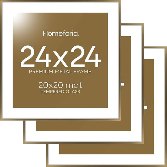 Homeforia 24x24 Picture Frame Bronze, High End Metal 24 x 24 Large Square Poster Frames with Mat 20 by 20 inch Photo, 24by24 Thin Brass Frames Matted to 20x20 Print, Tempered Glass, Wall Kit, Set of 3