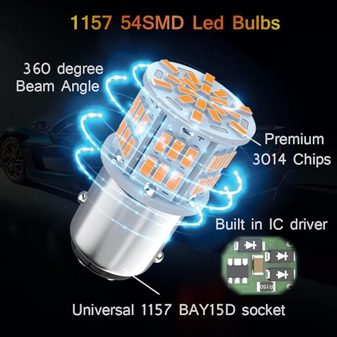 1157 Led Light Bulb Amber Yellow, 12V-24V 1157 7528 2357 2057 BAY15D LED Replacement Light Bulb for Brake Light Tail Light for Car RV Trailer Boat, 54SMD 3014 Chipset,4PCS
