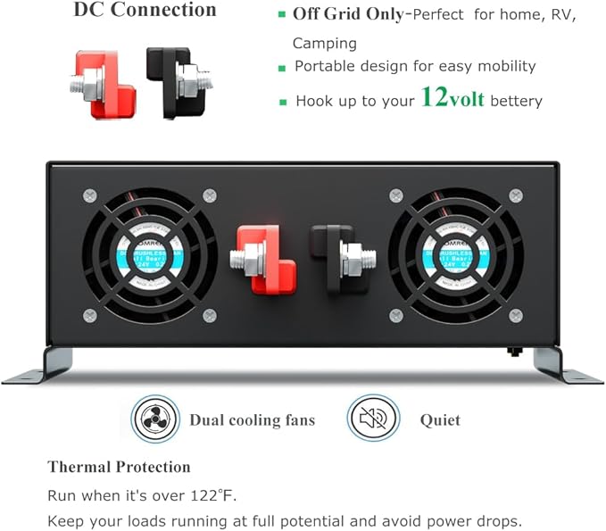 3000Watt Pure Sine Wave Power Inverter 12VDC to 120VAC 6000W Peak Built-in Soft Starter Dual AC Outlets 2× 2.4A USB Port &Hardwire Terminal Off-Grid Solar Converter RV Trucks (U5-300012)