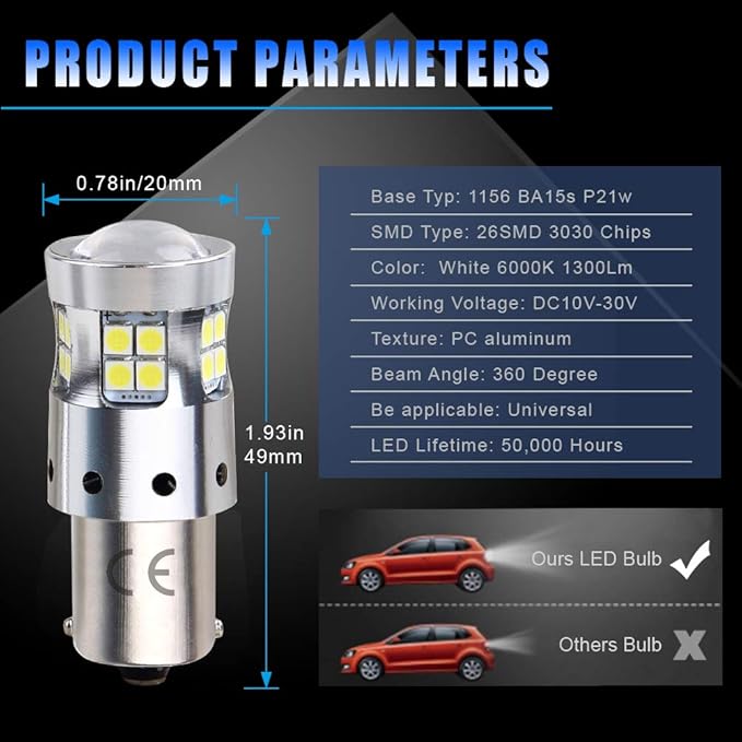 1156 LED Bulbs Ba15s P21w 5008 7506 LED Light Bulbs Replacement 1500 Lumens, With Projector Lens. for Backup Reverse Light Bulb Tail Light 6000K White, 2-Pack.