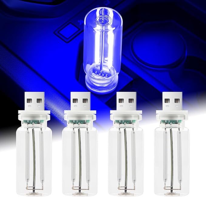 4Pcs Car USB Night Light, Touch Adjustment LED Ambient Lighting Plug in USB Automotive Night Lamps, Mini LED Bulb for Car, Camping, Holiday, Decoration, Bedroom, Party(Blue)
