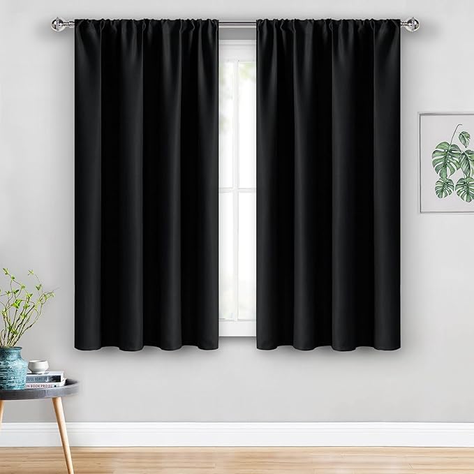 JIUZHEN Blackout Curtains for Bedroom - Thermal Insulated Noise Reducing Privacy Short Curtain for Bathroom Living Room, Set of 2 Panels with Tiebacks, 42 x 45 inches Long, Black